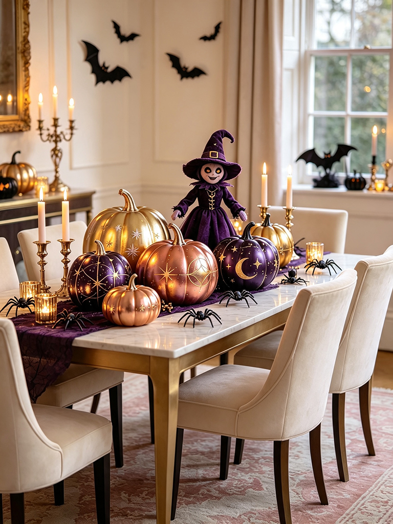 10 Girly Pink Halloween Decor Ideas That Feel Spooky and Chic 12 Pink pumpkins with gold metallic accents