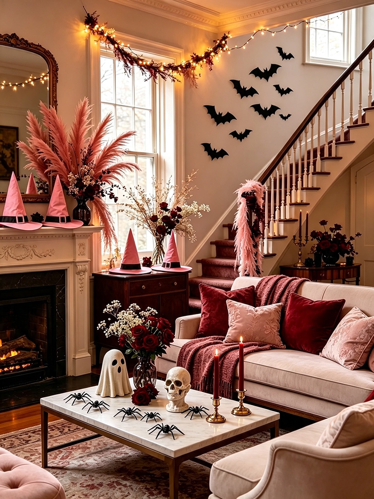 10 Girly Pink Halloween Decor Ideas That Feel Spooky and Chic 9 Pink Halloween decor - Chic pink witch hat display