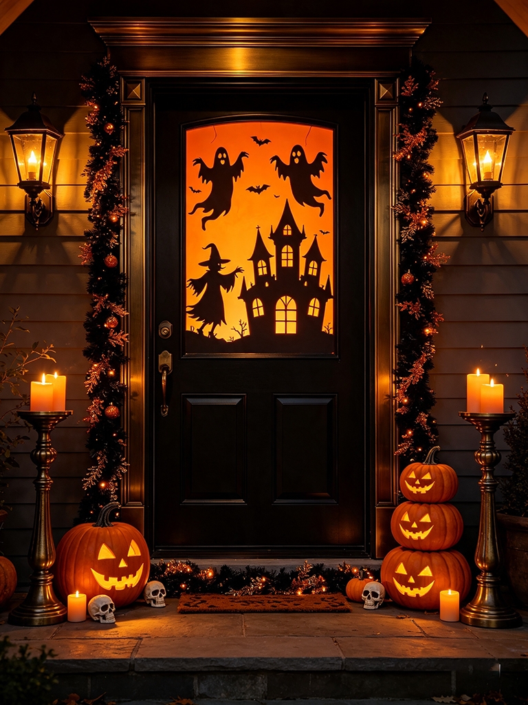 10 Easy Halloween Door Decor Ideas to Impress Your Guests 17 Front door with orange uplighting and ghost projection effects
