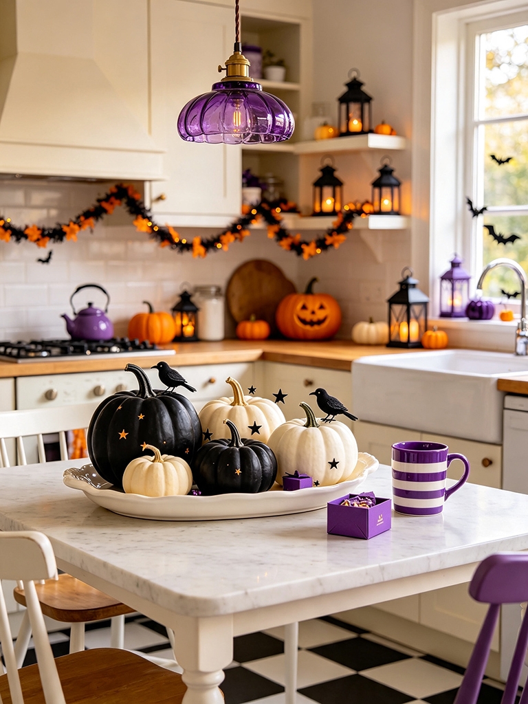 11 Halloween Kitchen Decor Ideas That Feel Cozy, Not Creepy 7 Halloween Kitchen Decor Ideas - Put a Few Black and Cream Pumpkins on a Tray