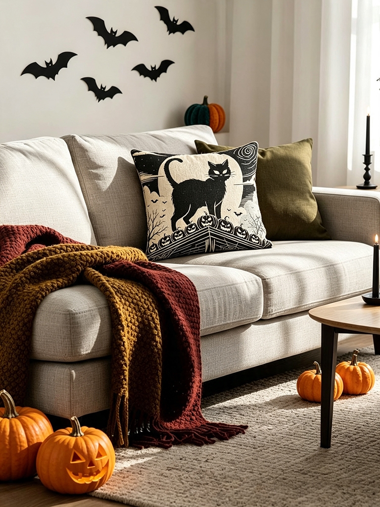 11 Small Apartment Halloween Decor Ideas for a Minimalistic, Chic Look 9 Layer the Sofa With Halloween Textiles You Might Already Own