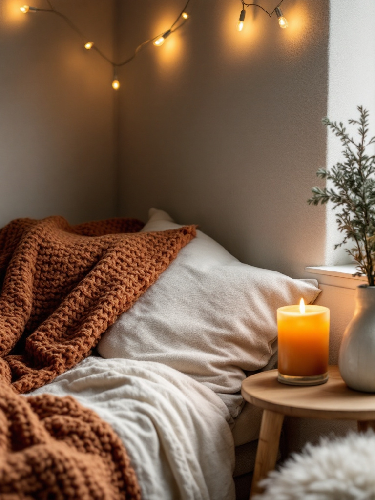 9 Fall Thanksgiving Decor Ideas for Every Room 6 Cozy reading nook corner with layered textures including a chunky