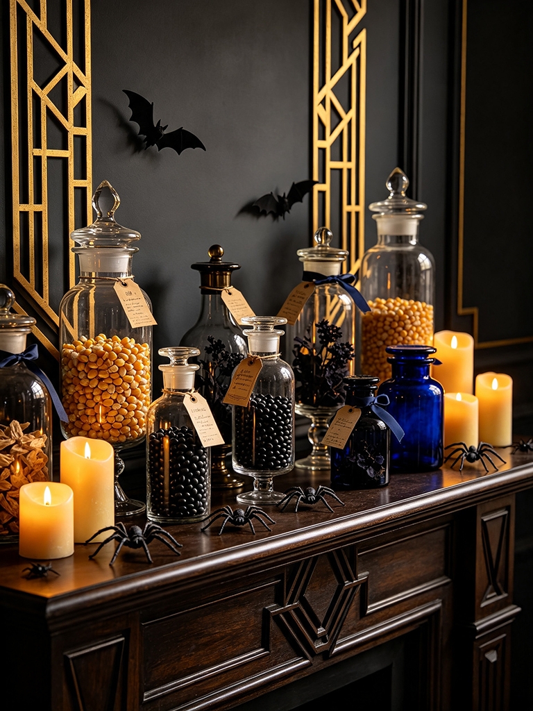 10 Halloween Mantel Decor Ideas That Feel Festive, Not Fussy 16 Halloween Mantel Decor Ideas: Set Out an Apothecary Jar Display