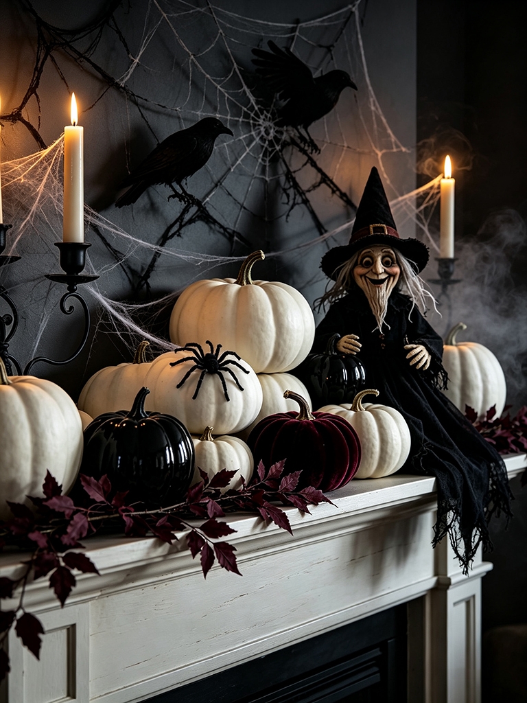 10 Halloween Mantel Decor Ideas That Feel Festive, Not Fussy 5 Halloween Mantel Decor Ideas - Go Black and White Instead of Orange and Black