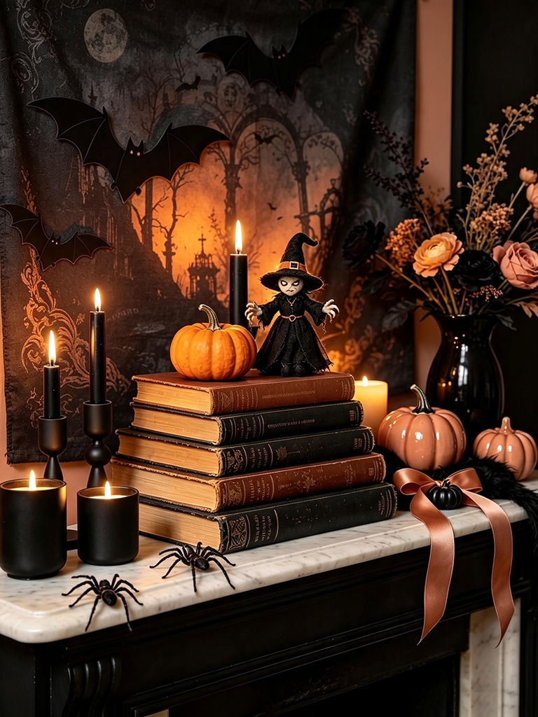10 Halloween Mantel Decor Ideas That Feel Festive, Not Fussy 9 Halloween Mantel Decor Ideas - Layer in Books for Height and Texture