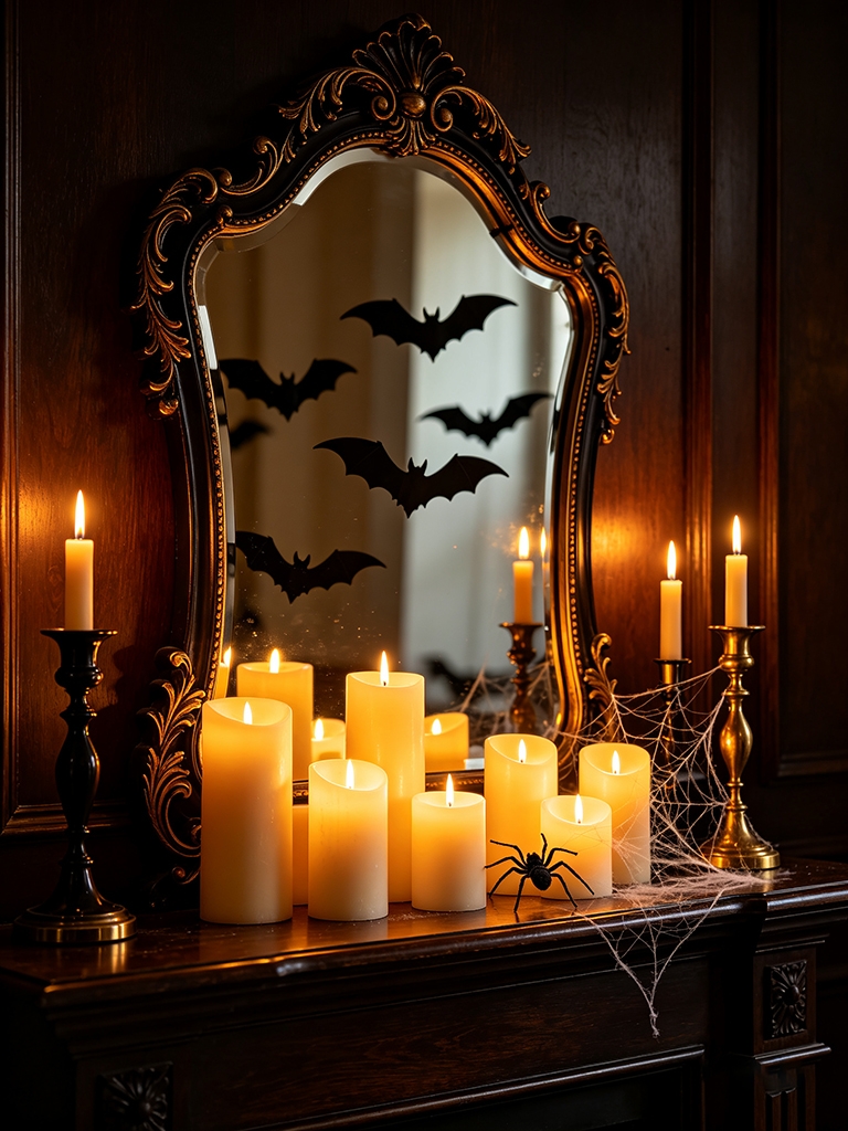 10 Halloween Mantel Decor Ideas That Feel Festive, Not Fussy 7 Use a Mirror to Add Depth and Candlelight - Halloween Mantel Decor Ideas