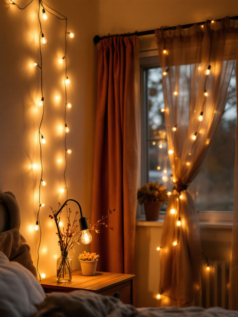 9 Fall Thanksgiving Decor Ideas for Every Room 5 Intimate fall bedroom corner with warm-white Edison bulb string lights