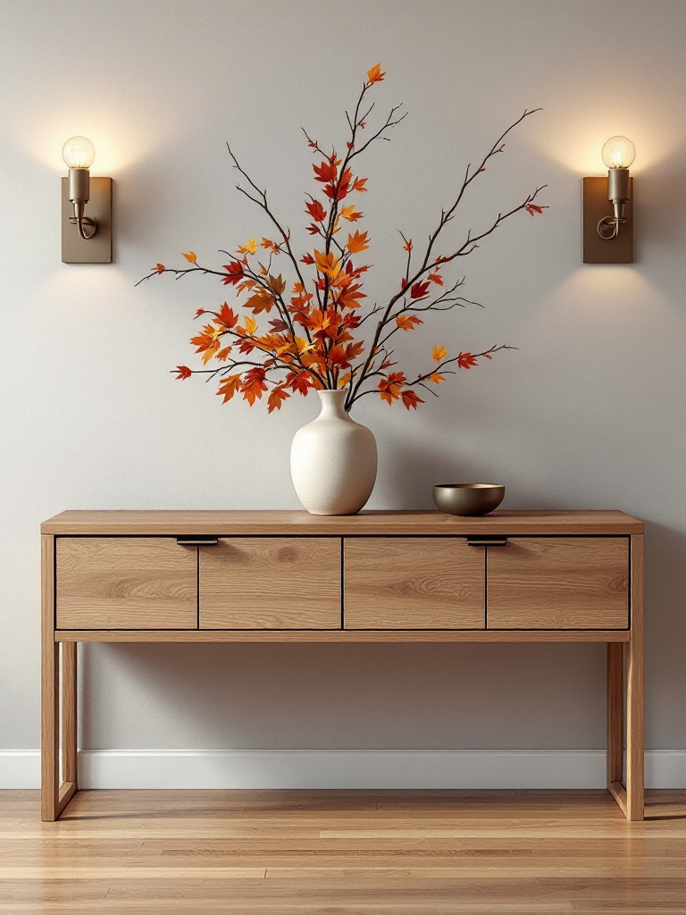 9 Fall Thanksgiving Decor Ideas for Every Room 8 Modern entryway console table in natural wood with a simple