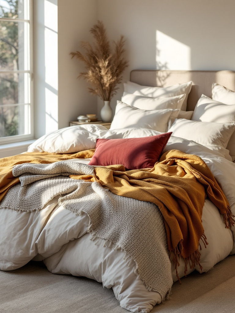 9 Fall Thanksgiving Decor Ideas for Every Room 9 Neutral bedroom with layered bedding mixing cream linen, ochre-toned wool