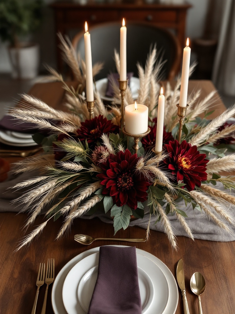 9 Fall Thanksgiving Decor Ideas for Every Room 10 Sophisticated table centerpiece featuring a low arrangement of wheat stalks,