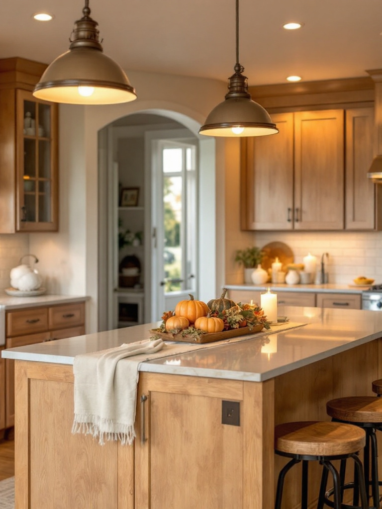 9 Fall Thanksgiving Decor Ideas for Every Room 16 Transitional kitchen-to-dining space with warm oak cabinetry, a simple centerpiece
