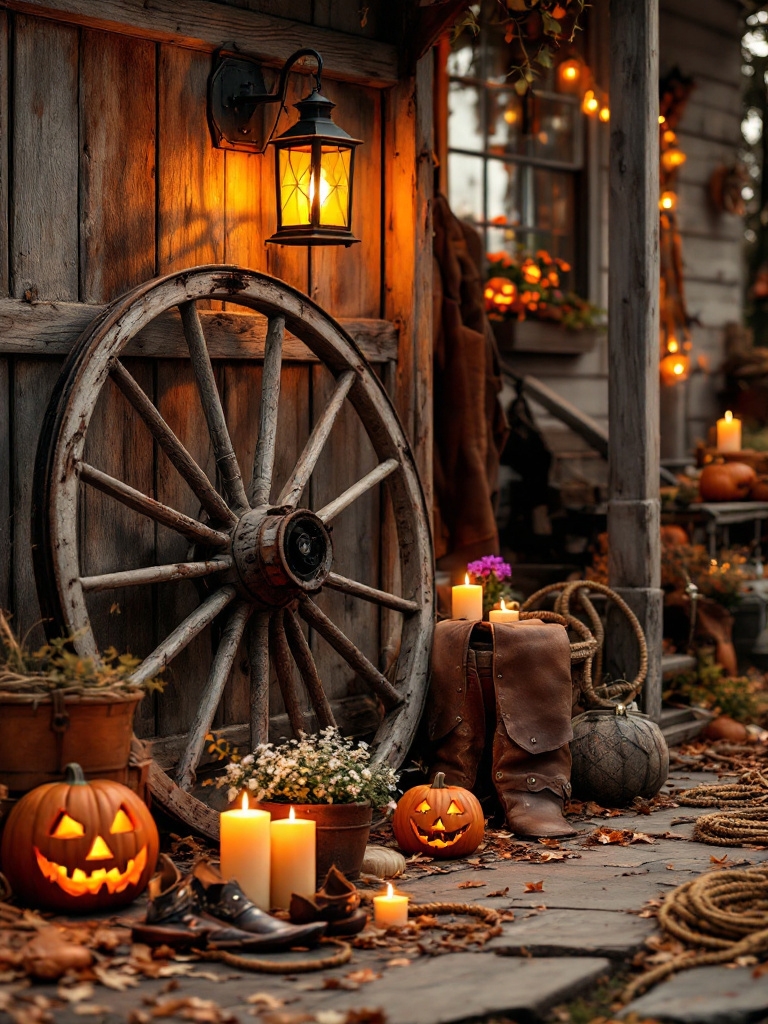 11 Western Halloween Decor Ideas for a Rustic Spooky Home 19 Weathered Wagon Wheels and Farm Equipment