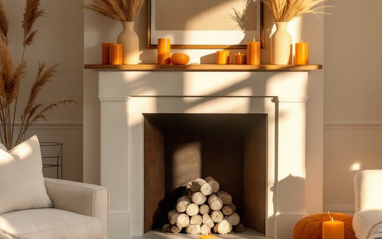 9 Fall Thanksgiving Decor Ideas for Every Room 1 Warm-toned living room with a fireplace mantel styled with burnt