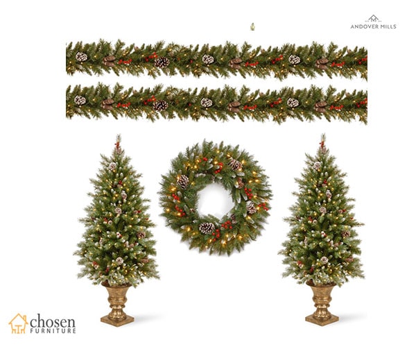 Frosted Berry Pre-Lit Garland Green Pine Artificial Christmas Trees